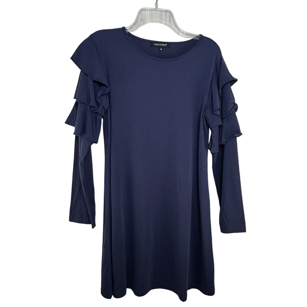 Simply Southern Women's Knit Dress Navy Long Sleeve Ruffles Casual Normcore
